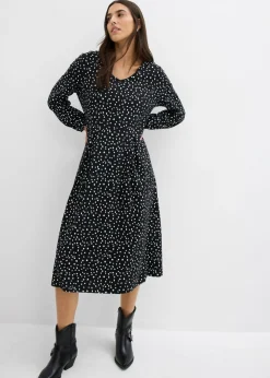 bonprix bonprix Vestidos>Vestido midi de punto de algodón negro-blanco lana topos