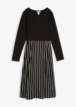 bonprix bonprix Vestidos|Tallas Pequeñas>Vestido midi de punto de algodón negro-blanco lana con rayas
