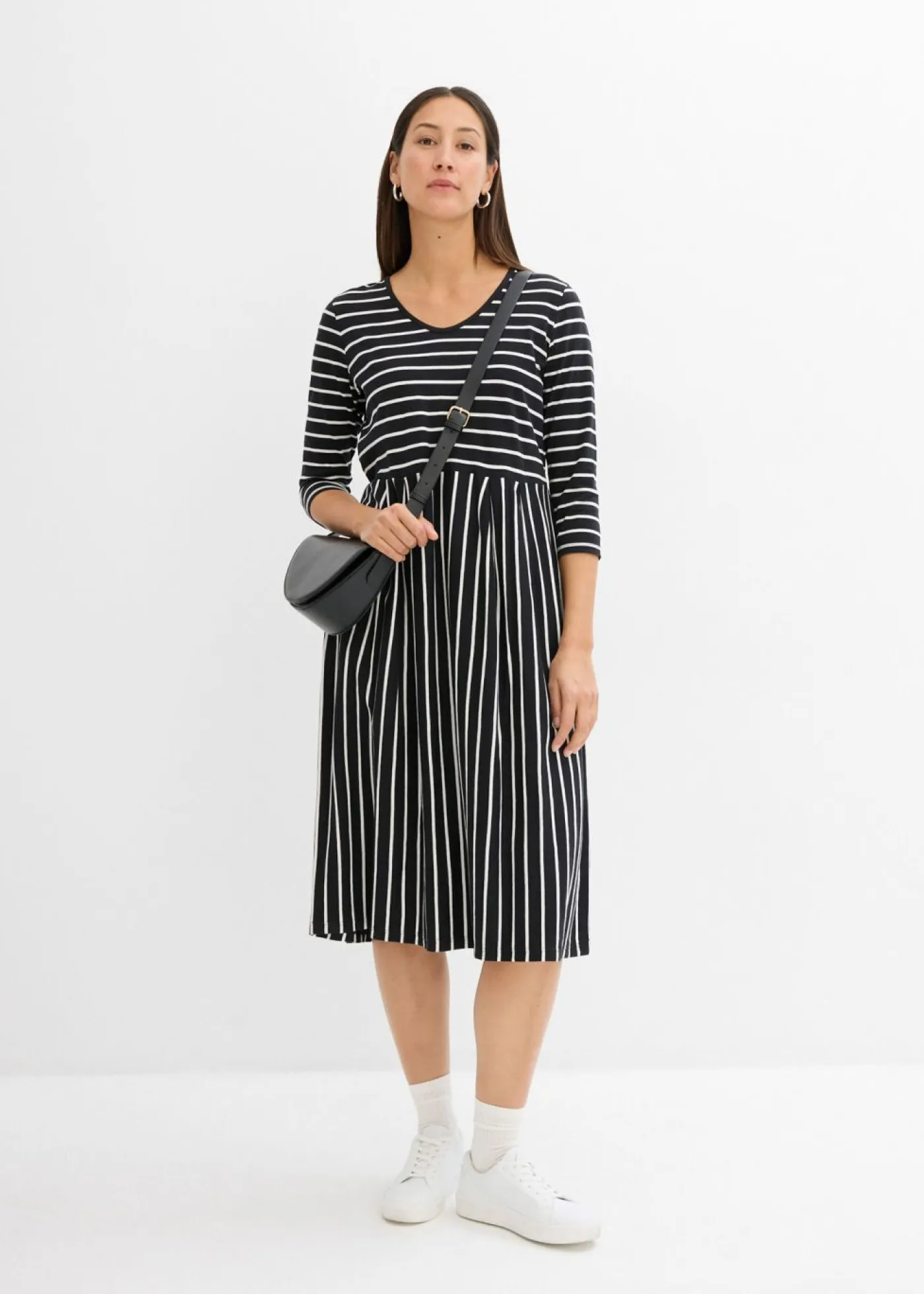 bonprix bonprix Vestidos>Vestido midi de punto de algodón negro-blanco lana con rayas