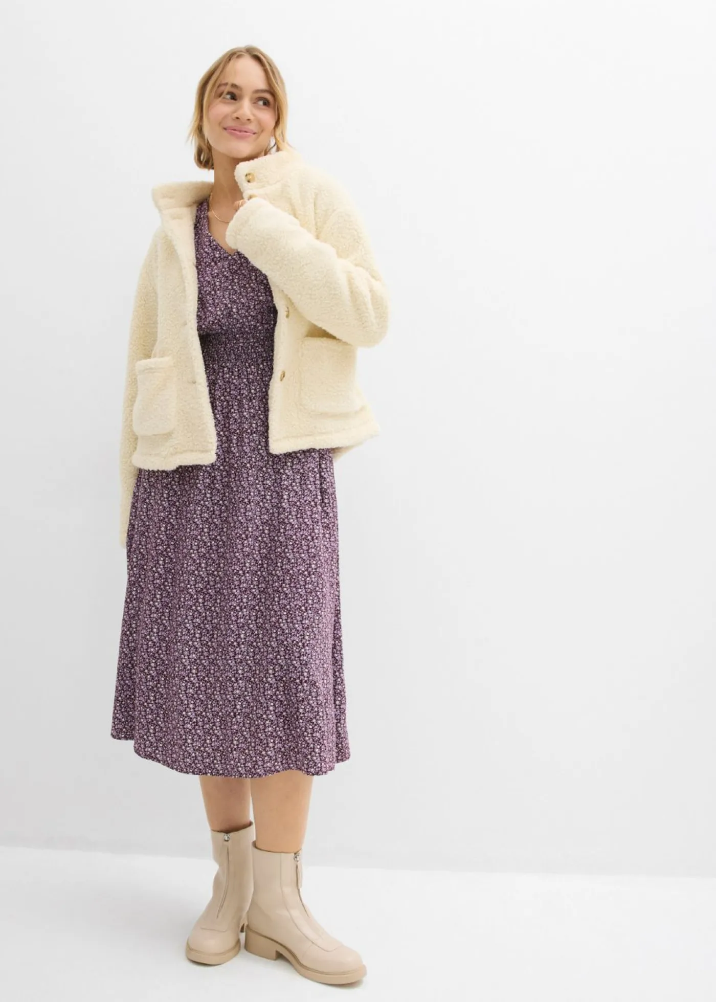 bonprix bonprix Vestidos>Vestido midi de viscosa fluida rojo burdeos-blanco lana-gris plata-musgo mate