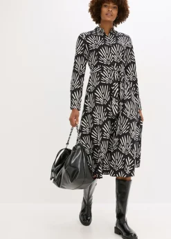 bonprix bonprix Vestidos>Vestido midi de viscosa fluida Negro-blanco