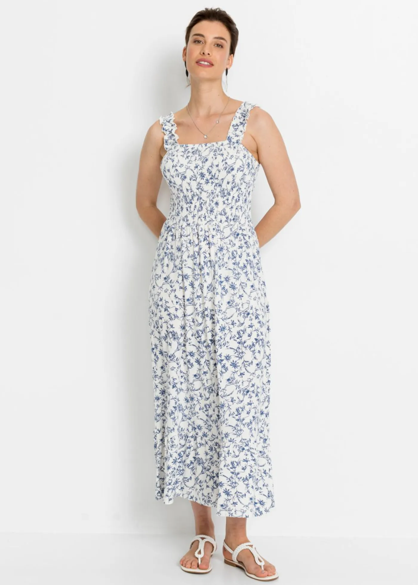 bonprix bonprix Vestidos>Vestido midi de viscosa sostenible Blanco lana-azul de flores