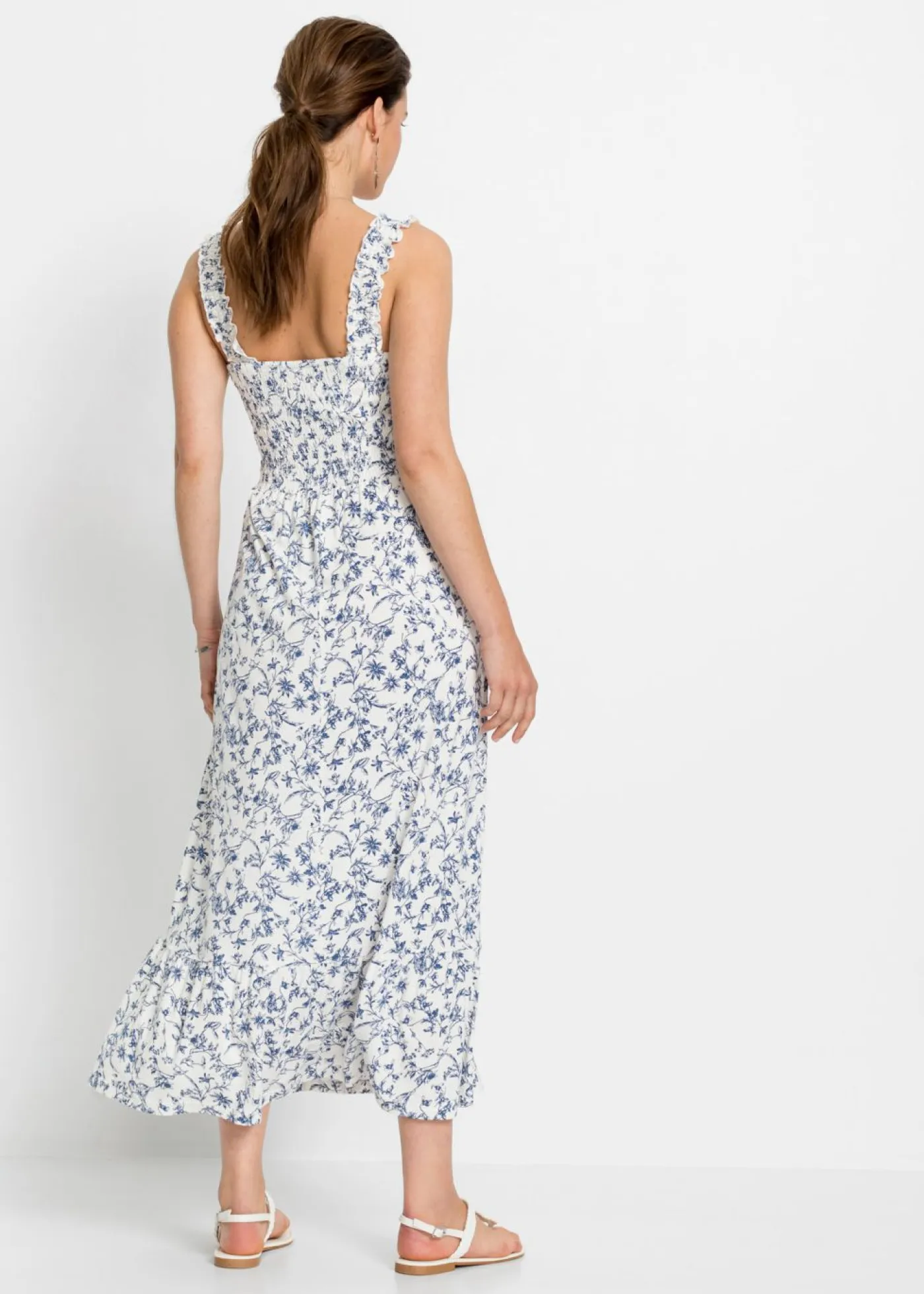 bonprix bonprix Vestidos>Vestido midi de viscosa sostenible Blanco lana-azul de flores