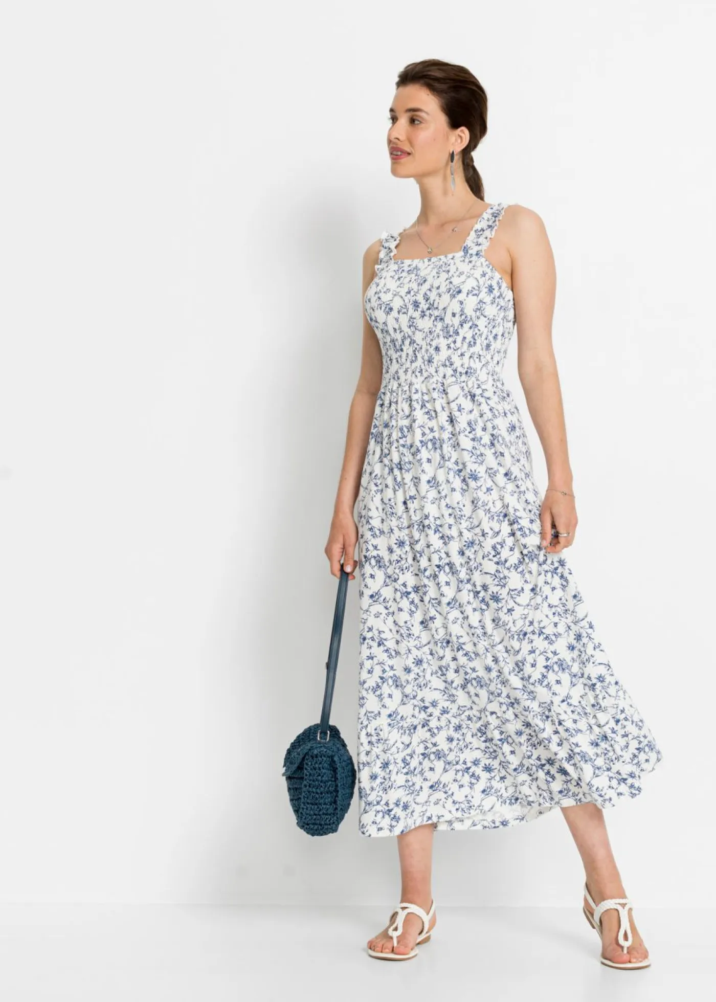 bonprix bonprix Vestidos>Vestido midi de viscosa sostenible Blanco lana-azul de flores