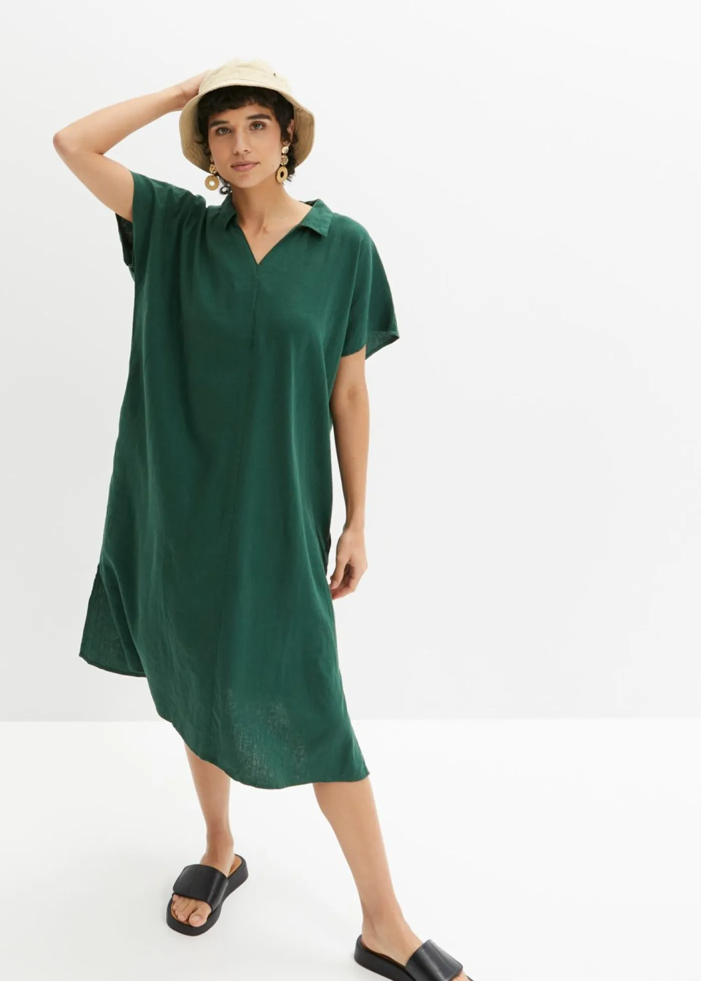 bonprix bonprix Esenciales|Vestidos>Vestido tipo caftán de mezcla ligera de viscosa y lino Verde oscuro