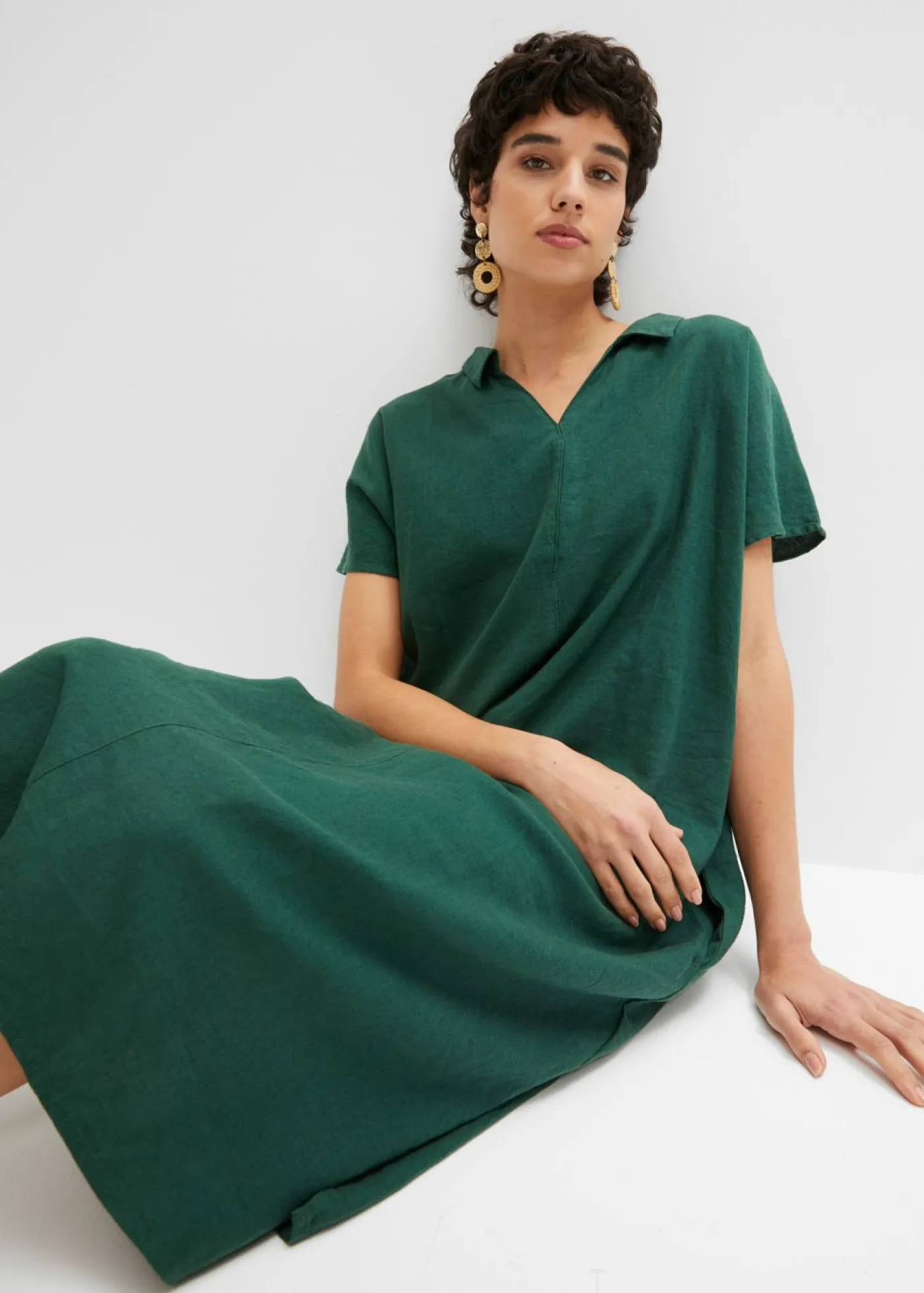 bonprix bonprix Esenciales|Vestidos>Vestido tipo caftán de mezcla ligera de viscosa y lino Verde oscuro