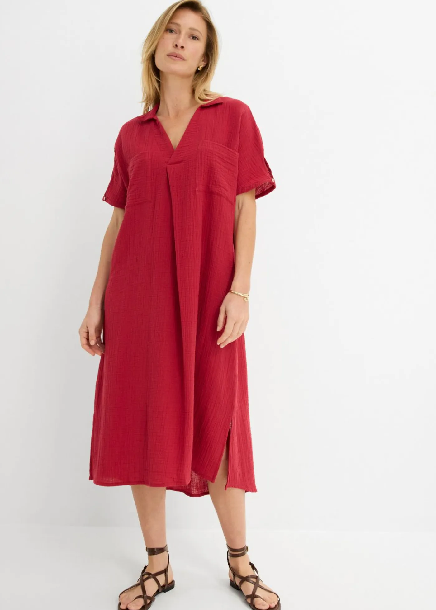 bonprix bonprix Vestidos>Vestido tipo caftán de muselina suave Cereza