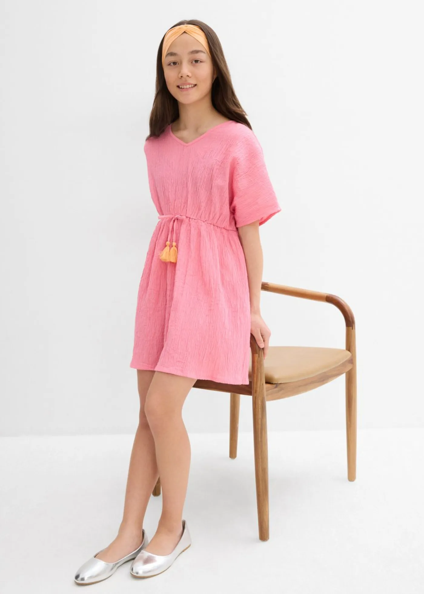 bonprix bonprix Ropa 9 A 16 Años·Vestidos Y Monos>Vestido tipo caftán de tejido arrugado estructurado rosa pálido