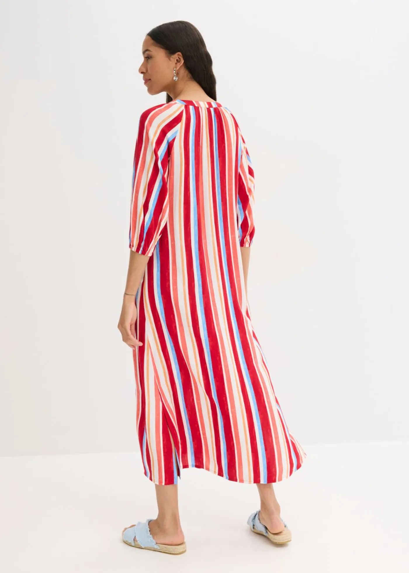 bonprix bonprix Vestidos>Vestido tipo caftán de viscosa estructurada de rayas rojo amapola-salmón claro-blanco con rayas