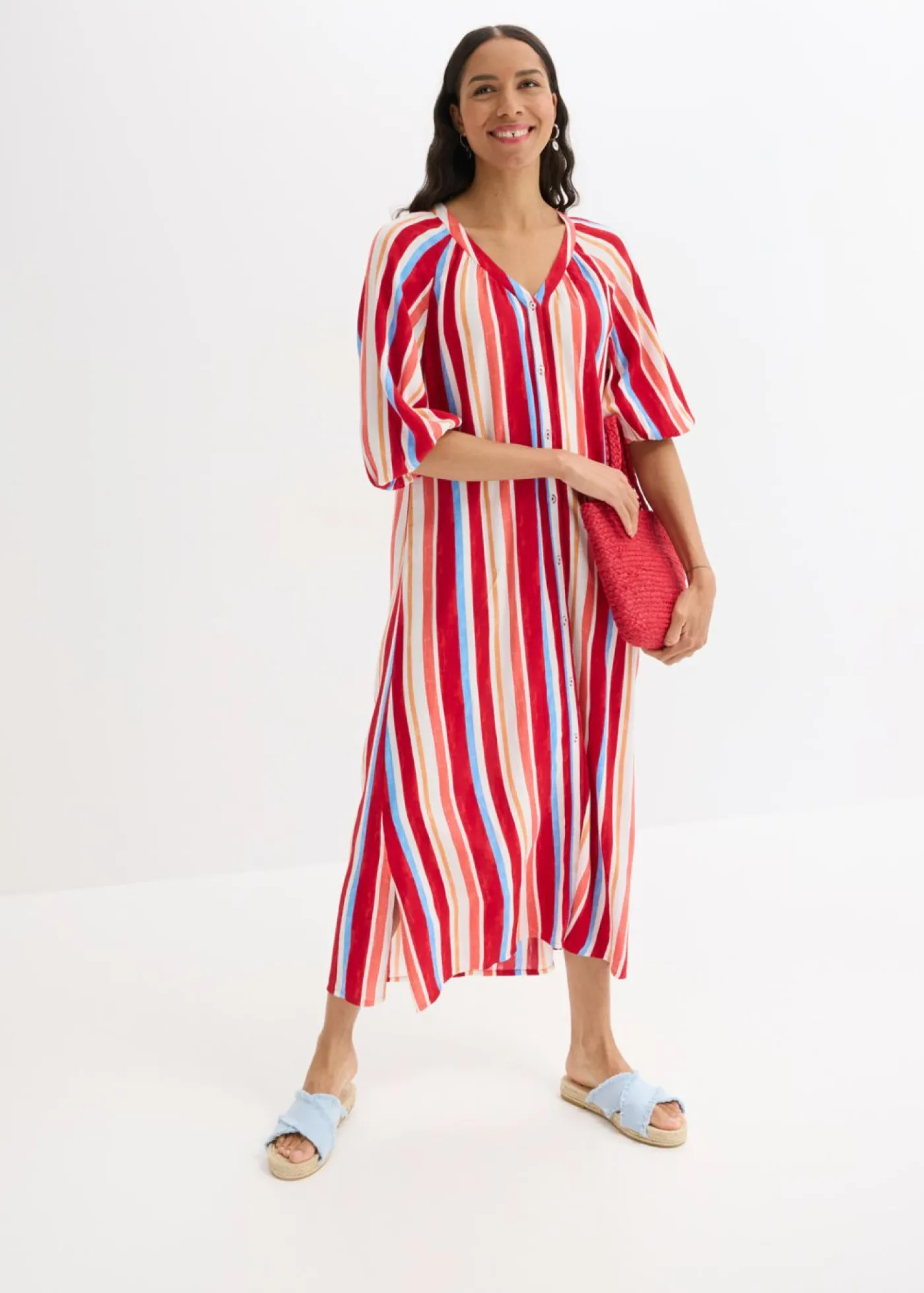 bonprix bonprix Vestidos>Vestido tipo caftán de viscosa estructurada de rayas rojo amapola-salmón claro-blanco con rayas