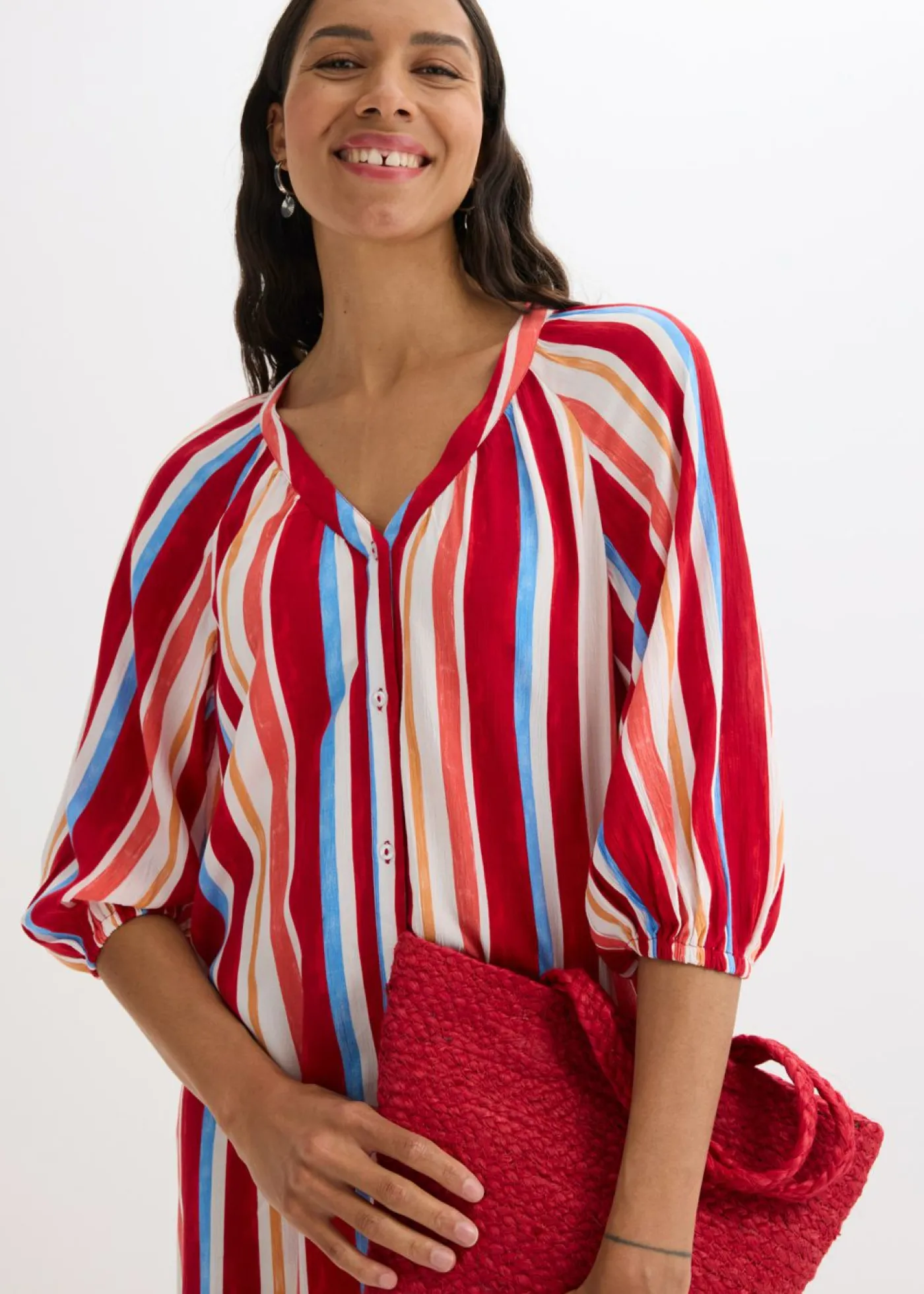 bonprix bonprix Vestidos>Vestido tipo caftán de viscosa estructurada de rayas rojo amapola-salmón claro-blanco con rayas