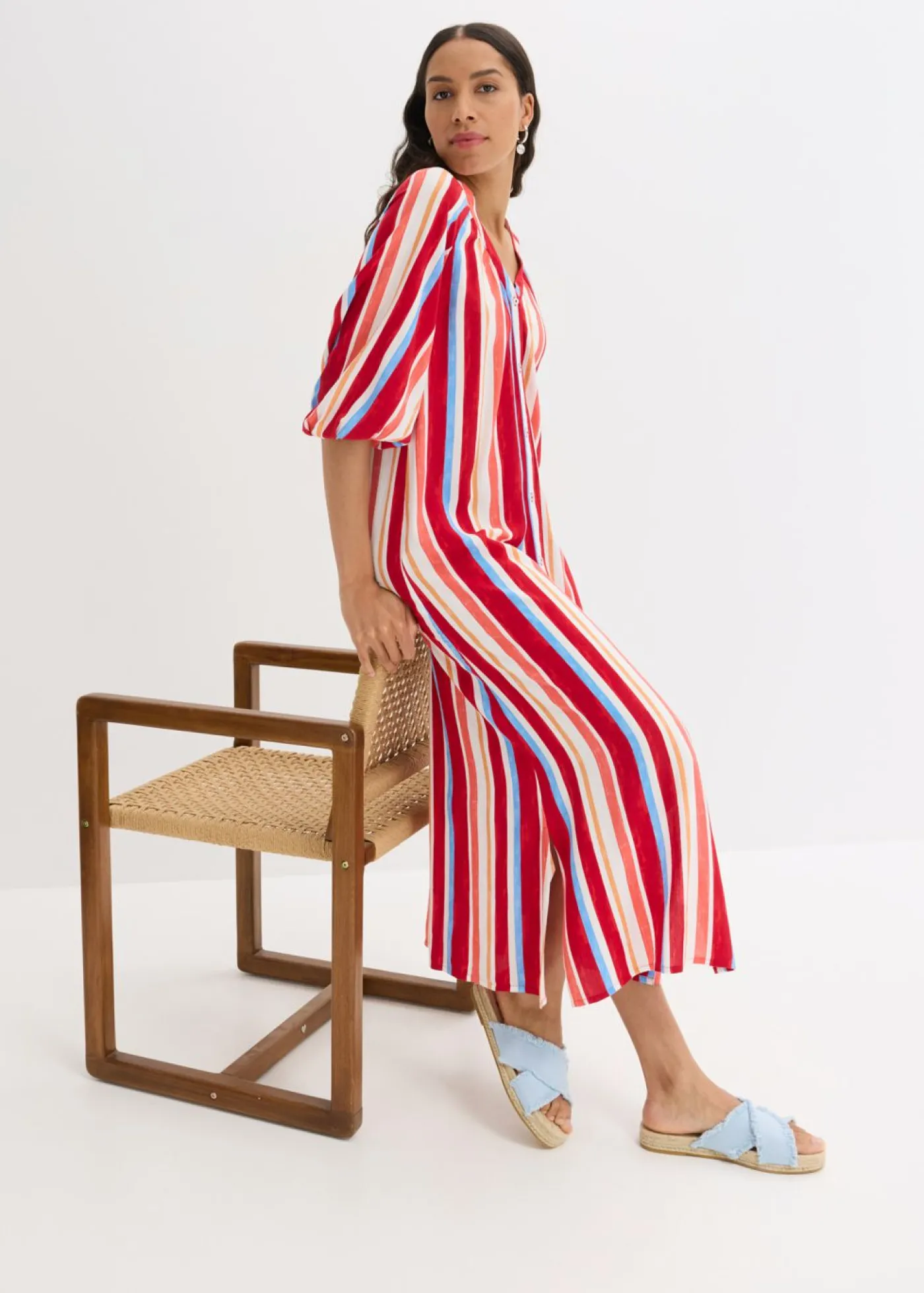 bonprix bonprix Vestidos>Vestido tipo caftán de viscosa estructurada de rayas rojo amapola-salmón claro-blanco con rayas