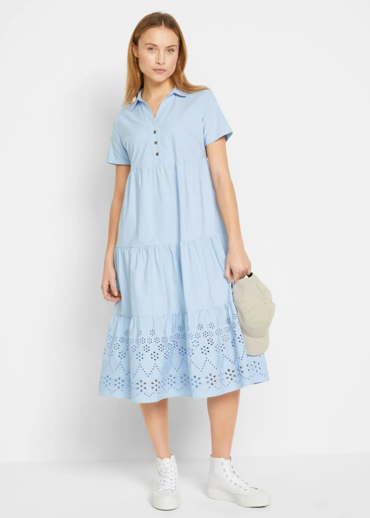 bonprix bonprix Vestidos>Vestido tipo túnica de algodón puro con bordado calado Azul perla