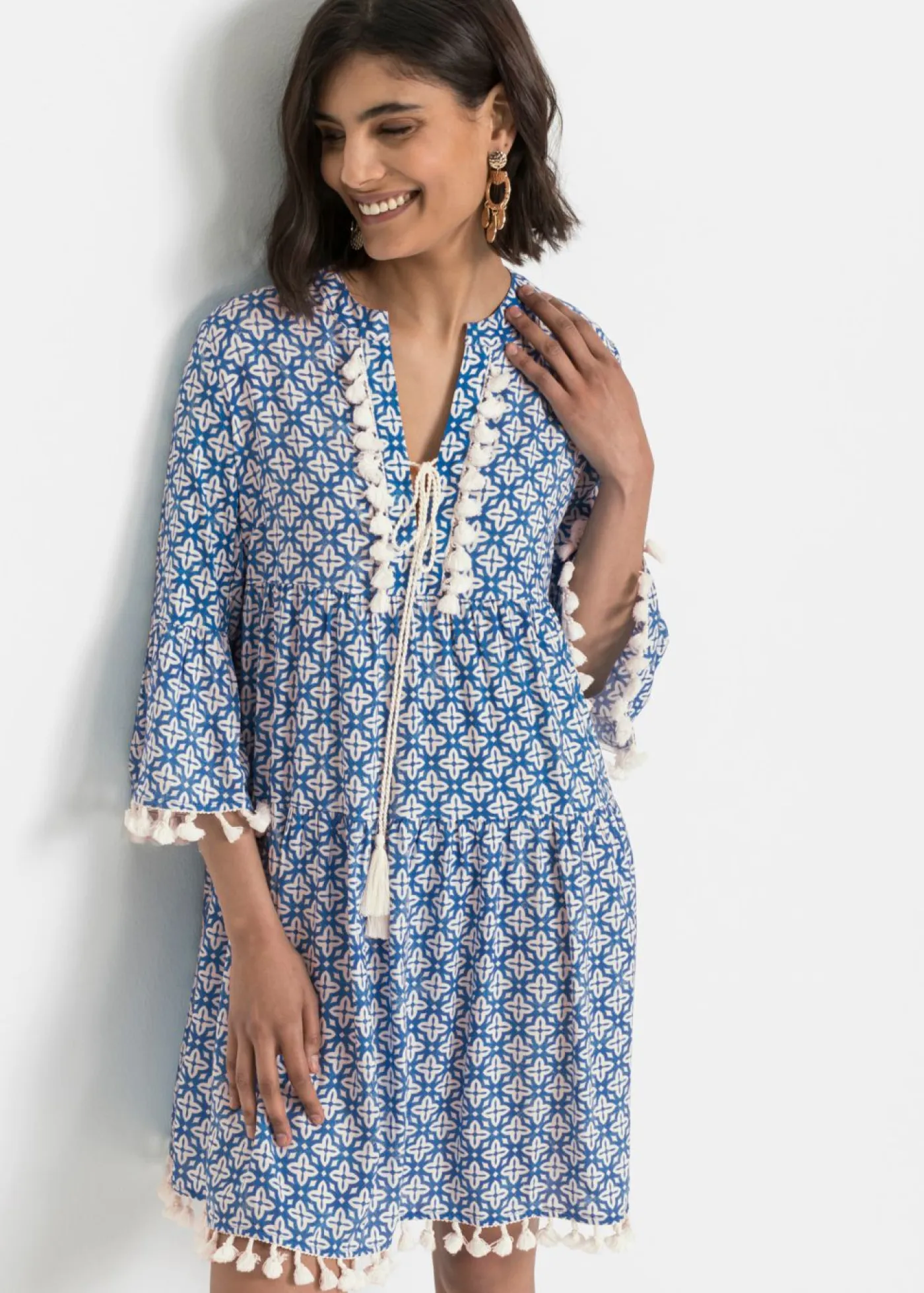 bonprix bonprix Vestidos>Vestido tipo túnica de viscosa suave Azul-blanco lana estampado