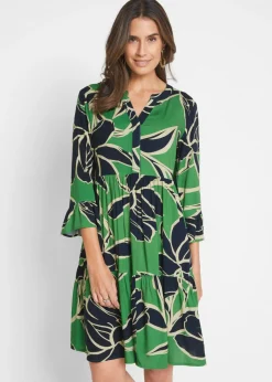 bonprix bonprix Vestidos|Novedades>Vestido tipo túnica de viscosa fluida Verde ópalo/azul marino de flores