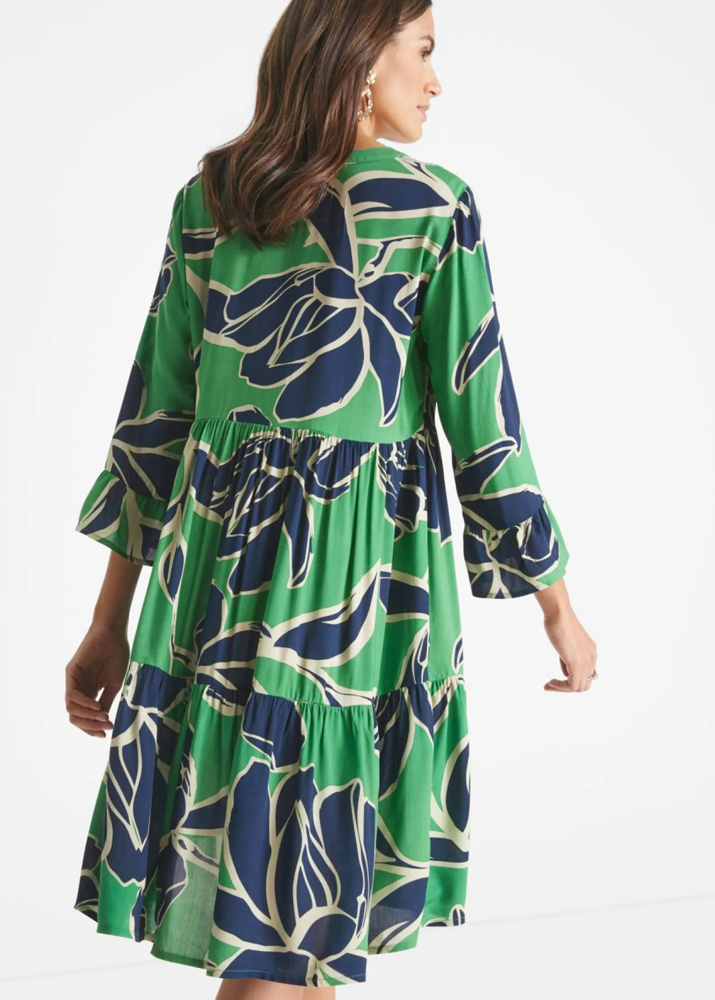 bonprix bonprix Vestidos|Novedades>Vestido tipo túnica de viscosa fluida Verde ópalo/azul marino de flores