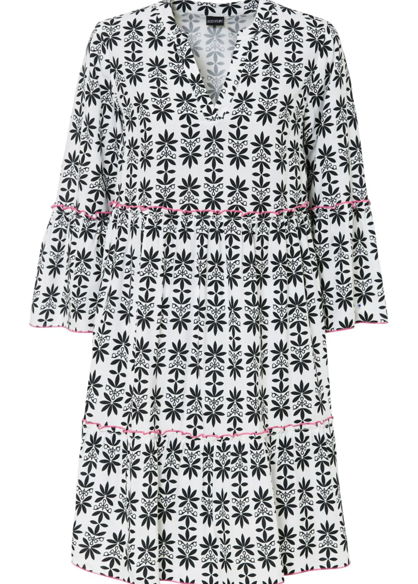 bonprix bonprix Vestidos>Vestido tipo túnica de viscosa fluida Blanco lana/rosa neón/negro estampado