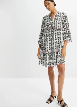 bonprix bonprix Vestidos>Vestido tipo túnica de viscosa fluida Blanco lana/rosa neón/negro estampado