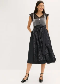 bonprix bonprix Vestidos>Vestido tirolés con terciopelo y largo midi (2 piezas) Negro