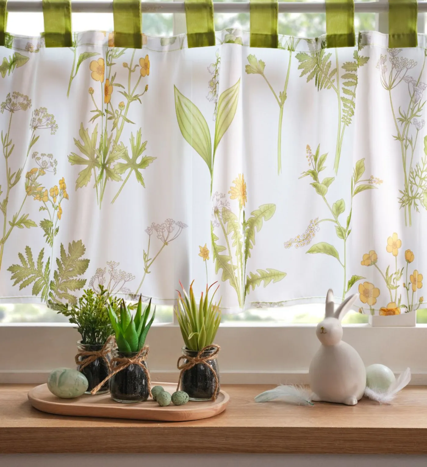 bonprix bonprix Primavera|Cortinas Baratas>Visillo con estampado de plantas y poliéster reciclado Blanco-verde